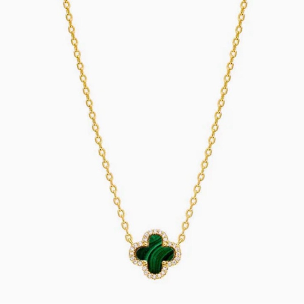 S925 Pave Outlined Four Leaf Clover Malachite Necklace NWT